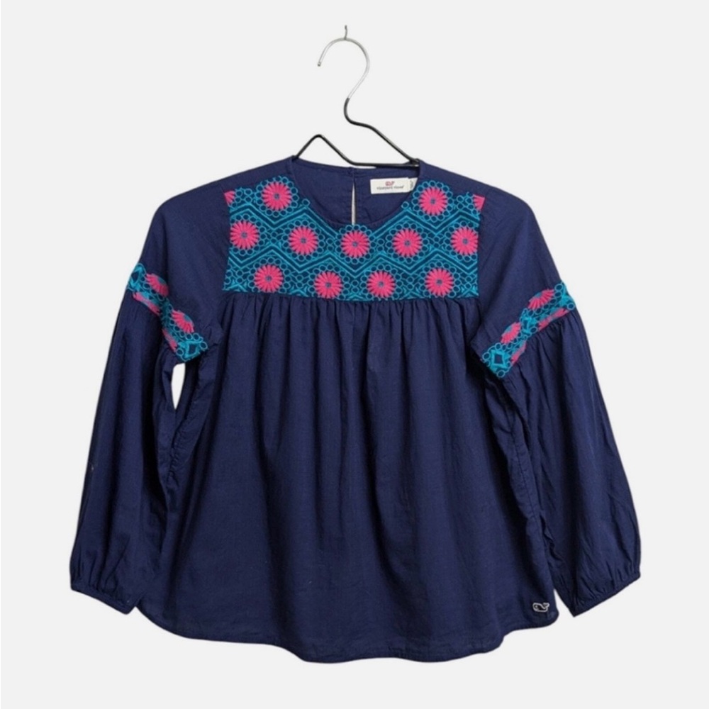 Vineyard Vines Navy Blouse with Pink and Teal Embroidery
